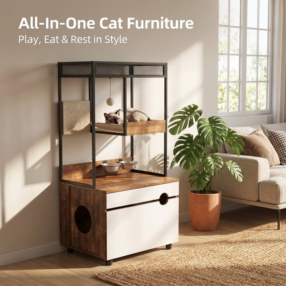 Cat Litter Box Enclosure with Cat Tree Tower, Hidden Cat Cabinet Furniture with Feeding Bowls and Storage Shelf, Rustic Brown and White, Black Metal Frame