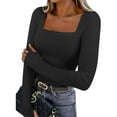 thumbnail image 2 of YanHoo Womens Long Sleeve Square Neck Ribbed Knit Fitted Casual Crop Tops Tee Slim Basic Shirts with Thumb Holes Y2k Clothes Black,XL, 2 of 8