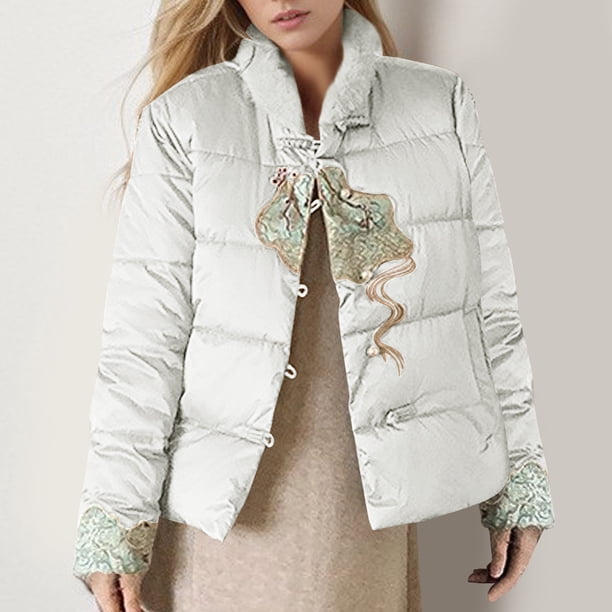 Parkas de manga larga para mujer, estilo otoño/invierno, con bordado de felpa y cuello alto, chaqueta acolchada con mangas largas, abrigo para mujer