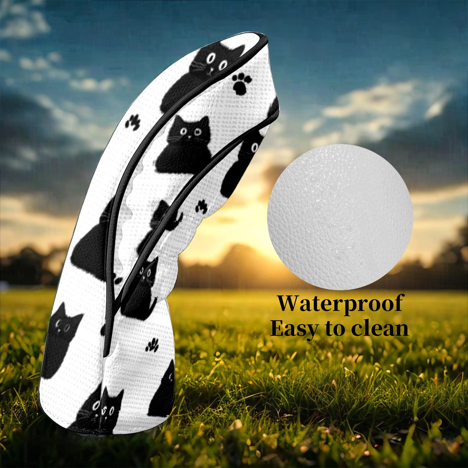 Golf Head Covers for Woods and Driver Waterproof Leather Golf Club Head Covers for Women Men Golf Driver Fairway Wood Headcover Black Cat & Paw Grid Design