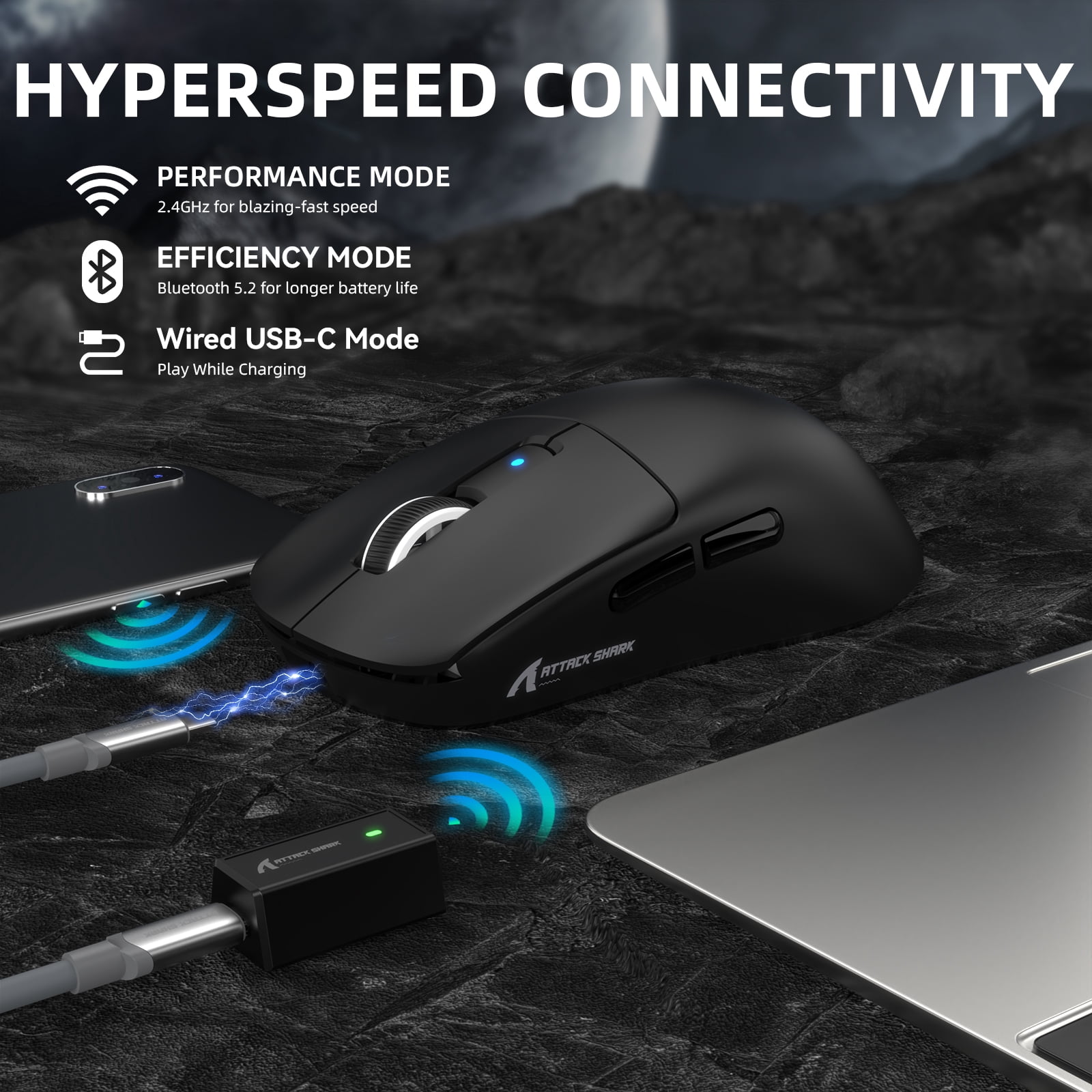 ATTACK SHARK R6PRO 39g Superlight Wireless Gaming Mouse, PixArt PAW3950MAX 42000 DPI, MCU Nodic 52840 Computer Mouse, 8K Polling Rate Web Driver, BT/2.4Ghz/Wired Tri-Mode Mice with Coiled Cable