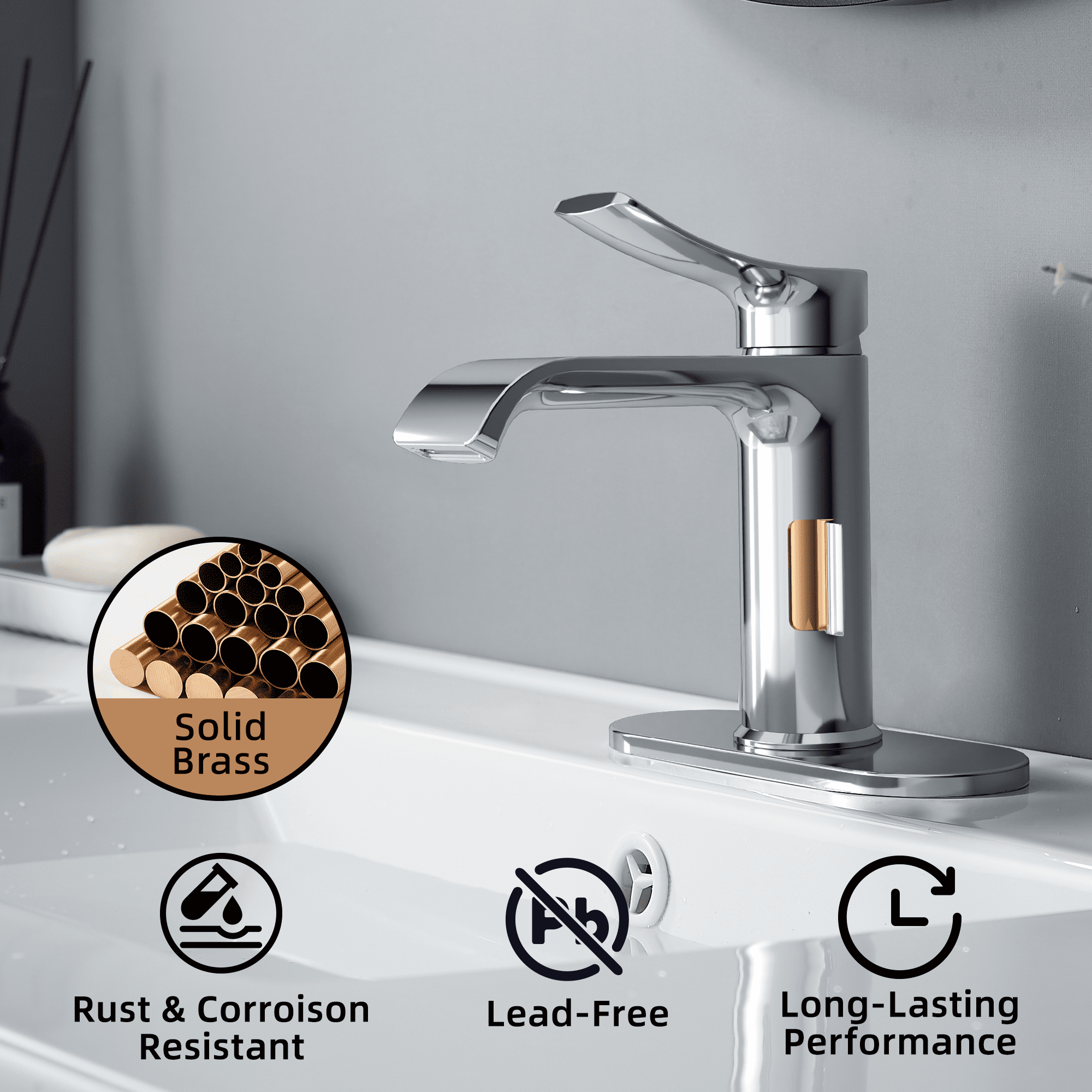 BELZ Bathroom Faucet Waterfall Spout Bathroom Sink Faucet with Single Handle with Pop Up Drain and Deck Plate Suitable for 1 or 3 Holes, Chrome