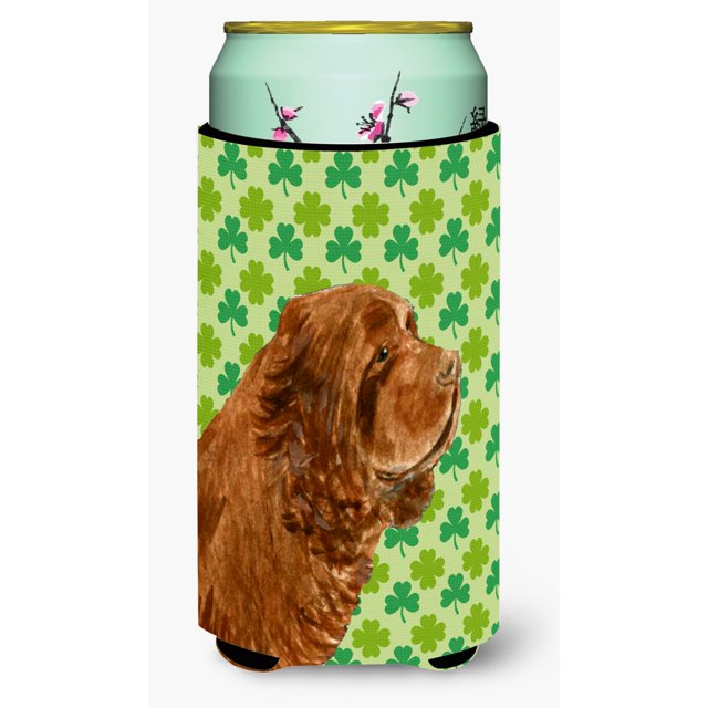 Sussex Spaniel Día de San Patricio Retrato de trébol Niño alto Aislador de bebidas Aislador de bebidas Hugger