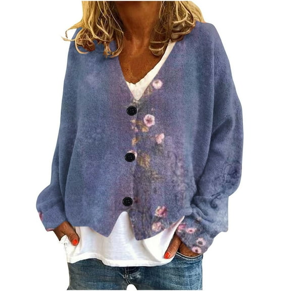 Womens Cardigan Coats Button Front Print Casual Stylish Outerwear
