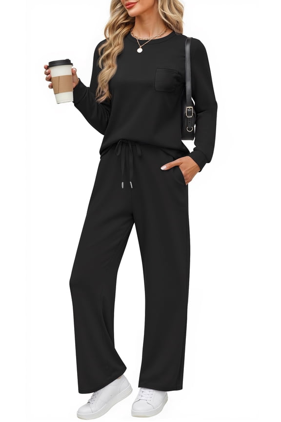 Two Piece Lounge Sets for Women Fall Outfits Long Sleeve Tops Wide Leg Pants Matching Sets Vacation Travel Outfits