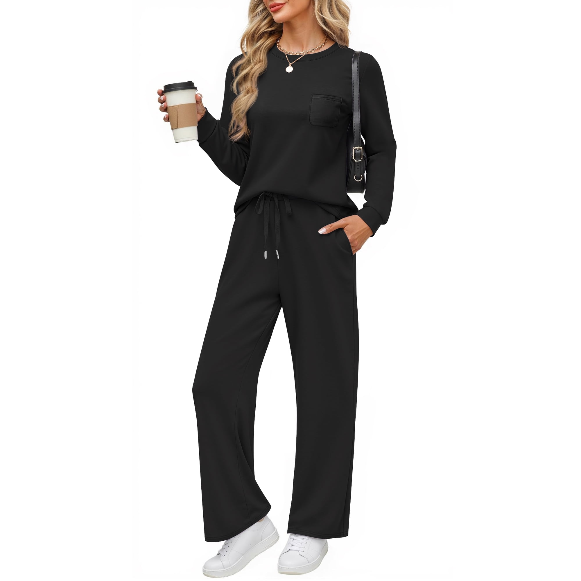 Fantaslook Two Piece Lounge Sets for Women Fall Outfits Long Sleeve Tops Wide Leg Pants Matching Sets Vacation Travel Outfits