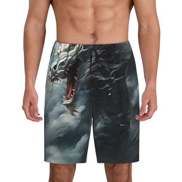 Balery Cloud White Dragon Pantalones cortos de pijama de punto de algodón para hombre con cinturilla y bolsillos-X-Large