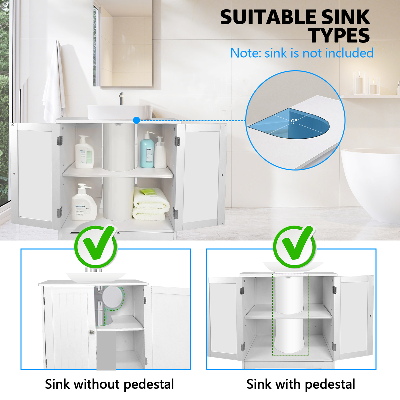 Jacgood Bathroom Vanity Under Sink Pedestal with 2 Doors, Bathroom Sink Cabinet with Adjustable Shelf, Sink Storage Cabinet, Under Sink Cabinet, White