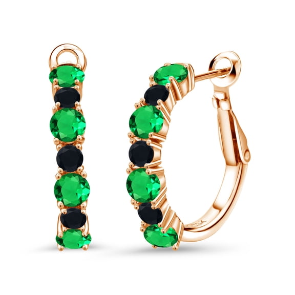 Gem Stone King 18K Rose Gold Plated Silver Green Nano Emerald and Black Onyx Hoop Earrings for Women (3.00 Cttw, Gemstone May Birthstone, Round 4MM and 3MM)
