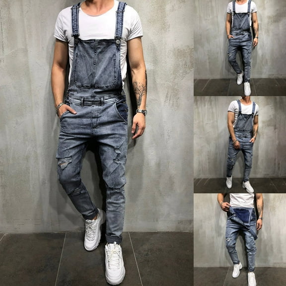 Jacenvly Cargo Pants Long Cargo Pants High Waisted Pocket Plain Trousers for Men Overall Casual Jumpsuit Wash Broken Trousers Suspender Pants