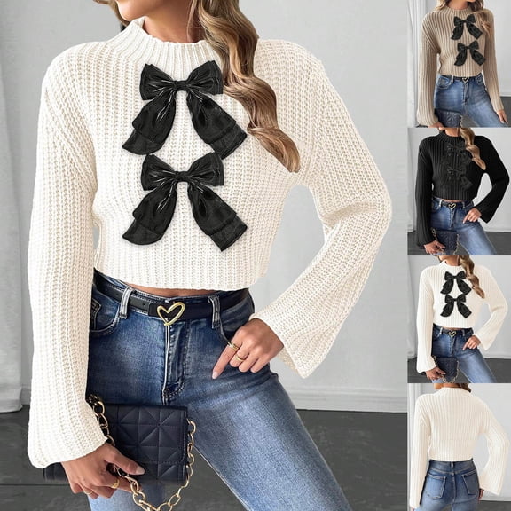YHAJDS Womens Knit Sweaters Mock Neck Bow Patchwork Bell Sleeve Long Sleeve Fashion Casual Top Fall Winter Outfit