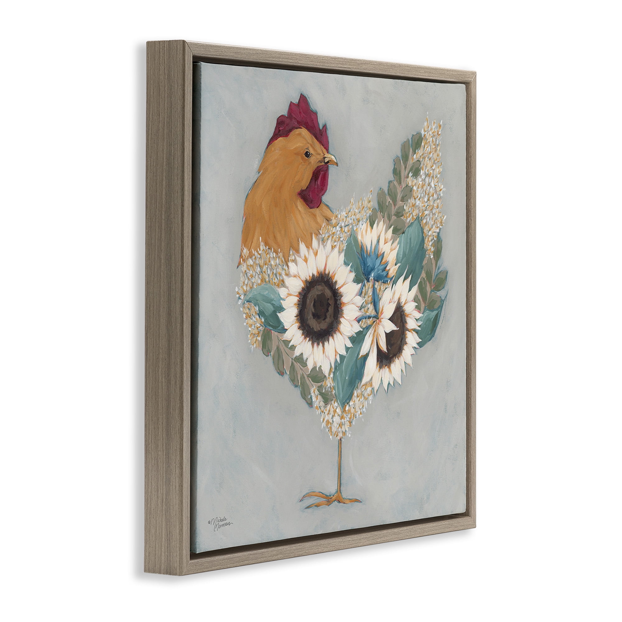 Stupell Industries Rooster with Layered Floral Blossoms Animals & Insects Painting Brown Floater Framed Canvas Art Print Wall Art, 18 x 18