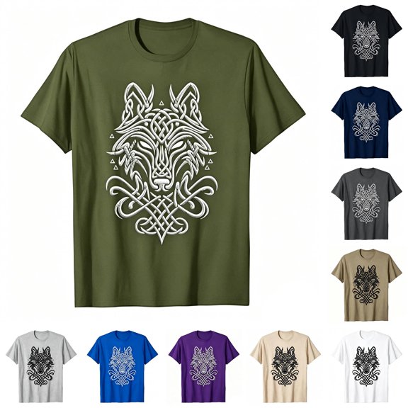 XIAONU Celtic Wolf Print T Shirt for Men Short Sleeve Crew Neck Casual Tops