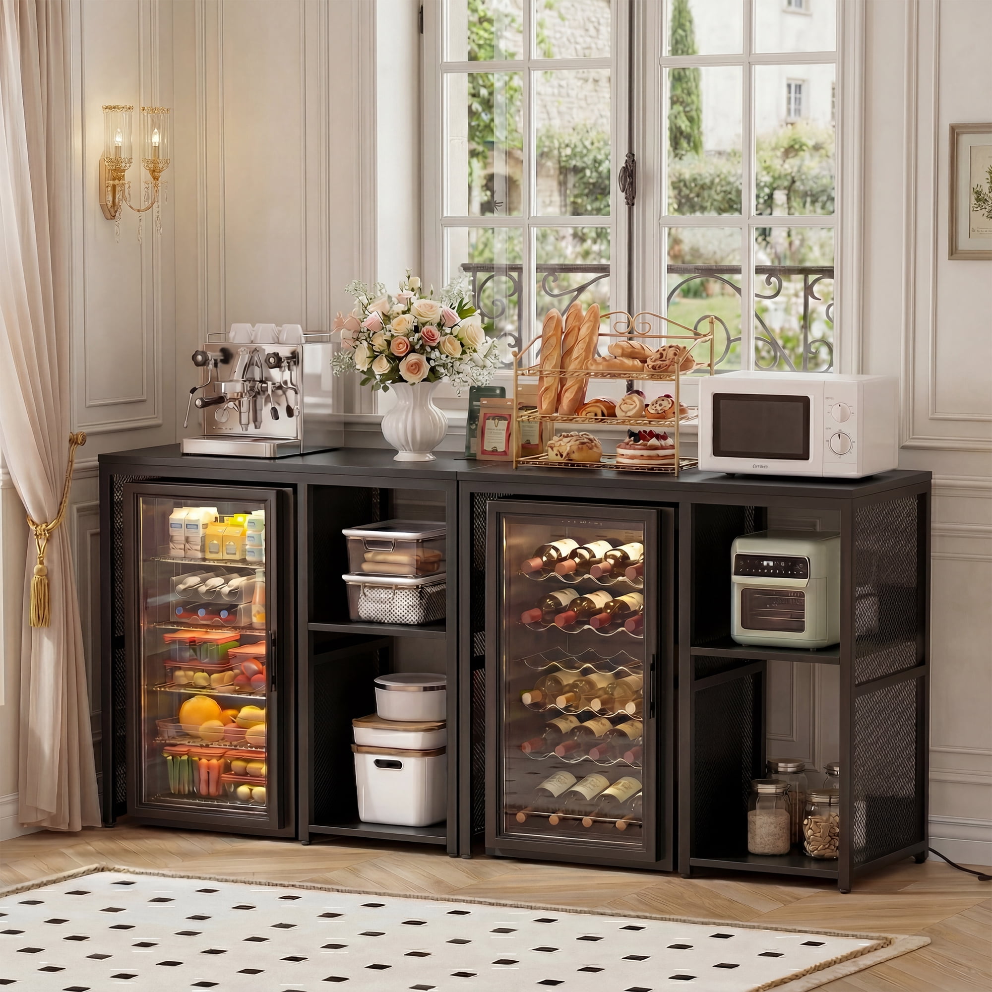 Homieasy Mini Fridge Stand with Charging Station, Bakers Rack with Mini Fridge Space & Glass Holder for Kitchen/Dining, Black