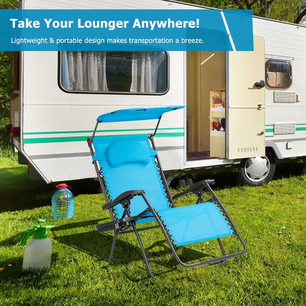 Aimee Lii Folding Recliner Lounge Chair with Shade Canopy Cup Holder, Outdoor Patio Furniture, Blue