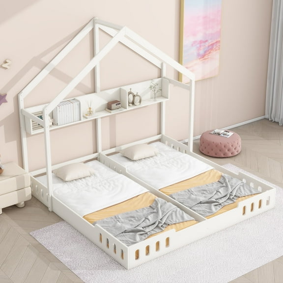 Euroco Wood Twin Size House Bed with Shelf, 2 Platform Beds with Storage, Creamy White