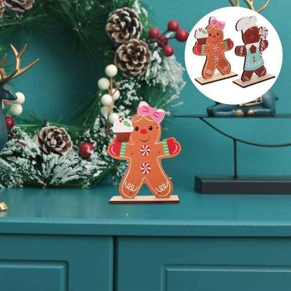 WHAMVOX 2pcs Gingerbread Man Ornaments Wooden Gingerbread Man Decorations with Lollipop for Holiday Tiered Tray Decor and Winter Centerpieces