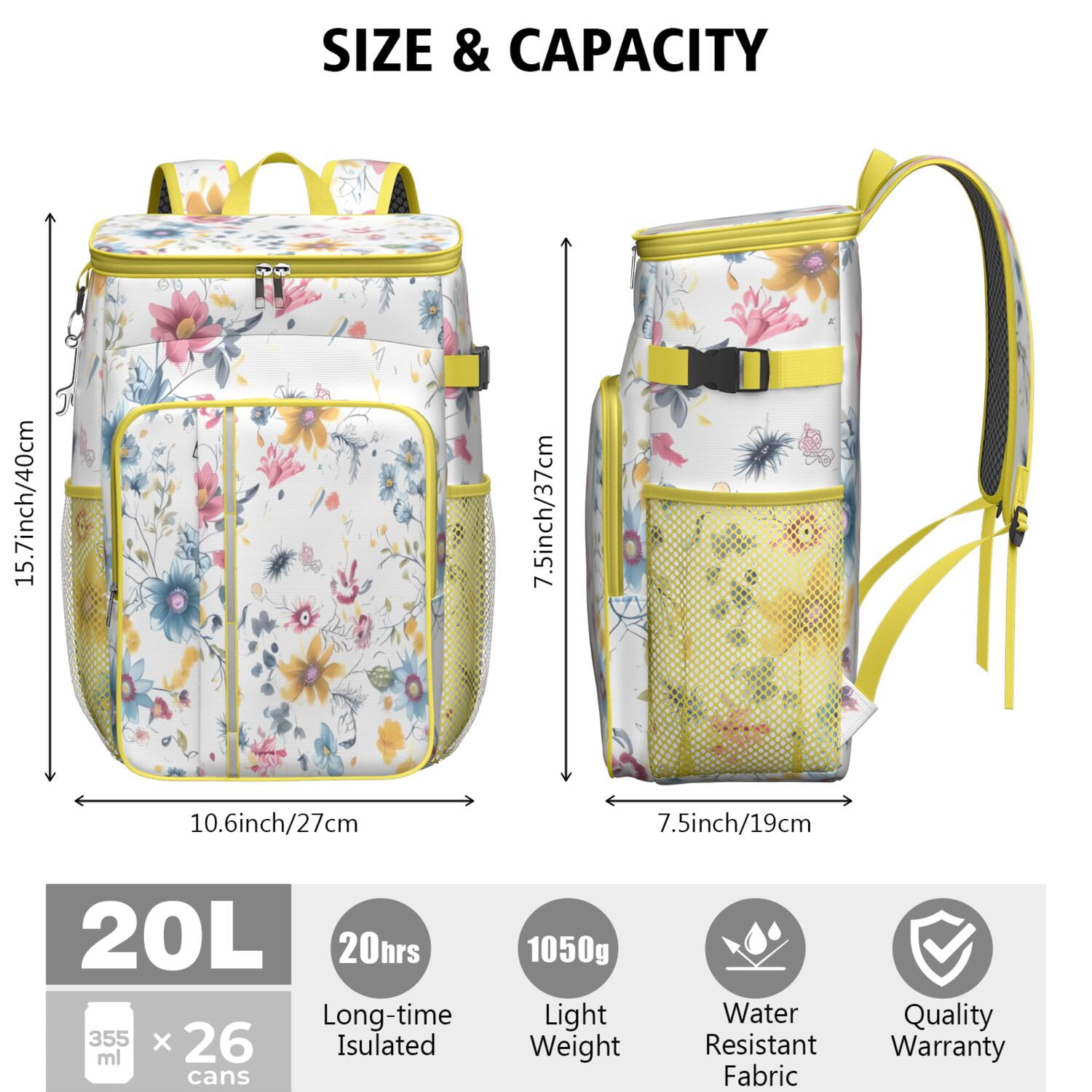 Travel Cooler Bag - Pioneer Flower Floral Print Pattern Camping Beer Cooler Backpack with Bottle Opener- Waterproof Insulated Picnic Backpacks - Cooler Bag for Beach