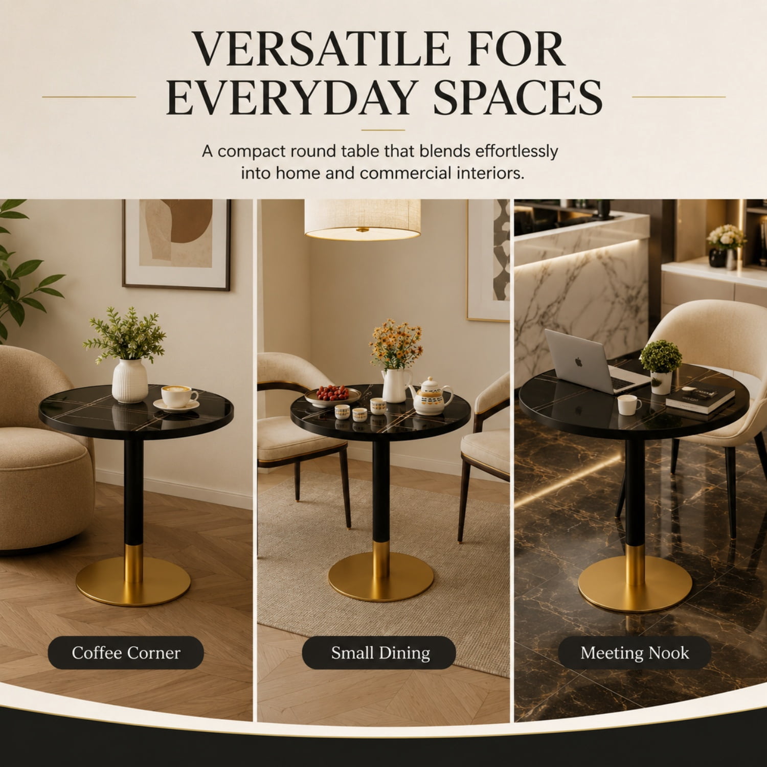 Miniyam 31.5 in. Round Tulip Dining Table for 2-4, Glossy Stone-Look Pedestal Table for Kitchen or Small Spaces, Black&Gold