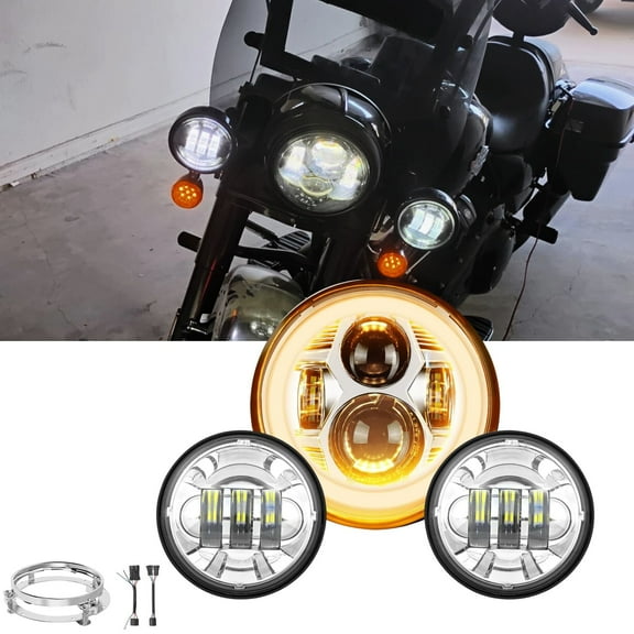 7 Inch LED Motorcycle Headlight with 4.5 Inch Fog Lights Passing Lamps DOT SAE Approved, Compatible with Harley Davidson Classic Electra Street Glide Fat Boy Road King Heritage Softail Chrome