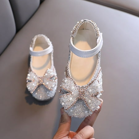 

GUOBIOZIY Girls Sandals Sequins Princess Dress Shoes Closed Toe Low Heel for Toddler Little Big Kid Flower Wedding Party Shoe（Beige 3.5-4Y ）
