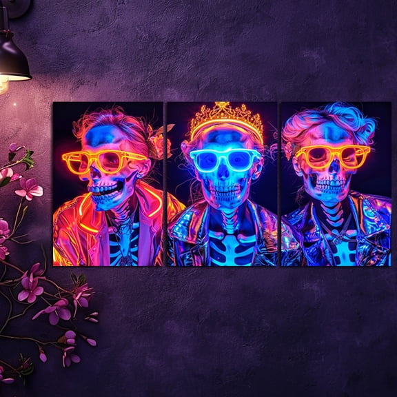 3pcs Set, Neon Skull Portraits, 12x18Inches Canvas Wall Art, Frameless, Modern Home Decor, Bedroom & Living Room, Vibrant Neon Artwork, AY10006, 2D Flat, Perfect for Room Decor