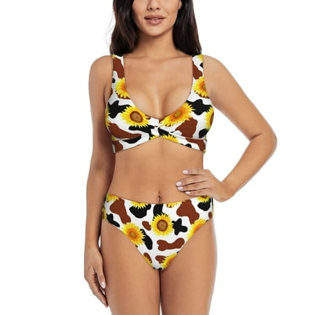 Zeuib Sunflower Cow High Waisted Tummy Control Bikini Set - Knot Front Push Up Top & Cheeky Thong Bottom  Two-Piece Swimsuit for Women-X-Large
