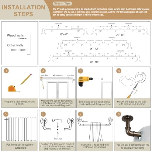 2 Pack Bronze Industrial Curtain Rods for Windows 48 to 84 Inch(4 to 7 Feet), 1 Inch Diameter Blackout Wrap Around Adjustable Heavy Duty Window Drapery Rods, Indoor and Outdoor