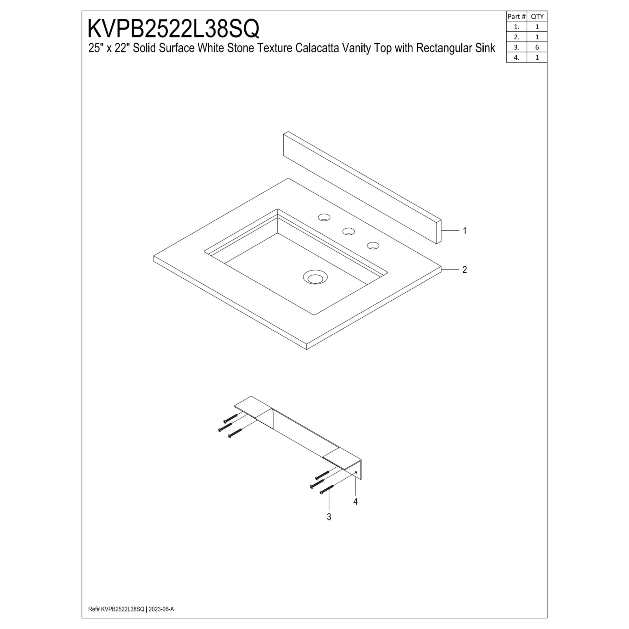 Kingston Brass KVPB2522L38SQ Montesquieu 25" x 22" Solid Surface Vanity Top with Rectangular Sink (8" Faucet Drillings), Calacatta Marble White/Glossy