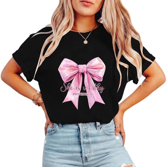 Women PROVERBS 31 She is Worthy Graphic Tees Bible Verse Religious Print T Shirts Spiritual Wear Casual Tops for Daily Outfits Black,S