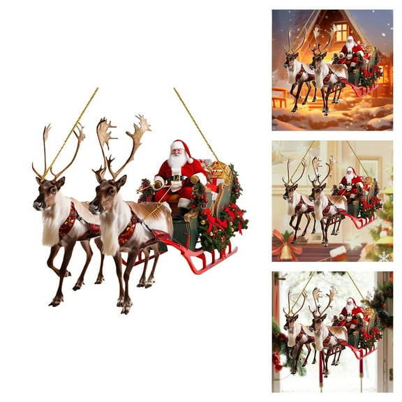 7.3Inch Deer Sleigh Statue - Christmas Decor Santa Riding in a Sleigh with Reindeers 2D Acrylic Christmas Decorations Desktop Ornament & Christmas Gifts