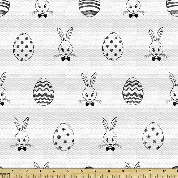 Easter Fabric by the Yard, Black and White Pattern Hand Drawn Style Rabbits with Bowties and Patterned Eggs, Decorative Upholstery Fabric for Sofas and Home Accents, 3 Yards, Black White by Ambesonne