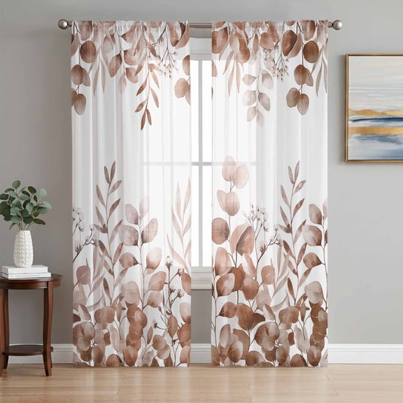 Brown Red Eucalyptus Leaves Sheer Curtains 63 Inch Length 2 Panels Set Window Treatments, Watercolor Spring Summer Botanical Rod Pocket Semi Curtains for Living Room/Bedroom/Kitchen, 104"W x 63"L