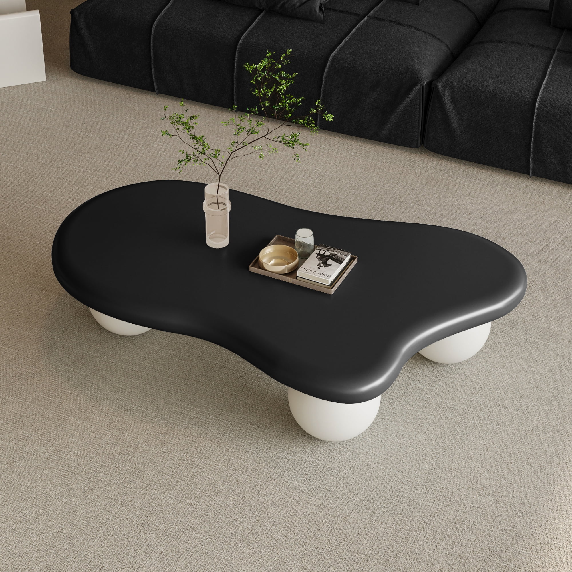 47.2" Cloud Coffee Table for Living Room, Irregular Coffee Table Modern Low Coffee Tables Abstract Faux Stone Cute Center Table with 3 Ball Legs for Small Space Apartment