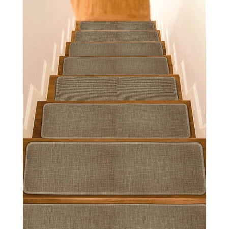 Vintage Brown Stair Treads for Wooden Steps Indoor Runner Rug Carpet Farmhouse Retro Dark Solid Color Linen Texture 4 Pieces Peel and Stick Staircase Step Treads Covers Throw Door Mats 30 x8