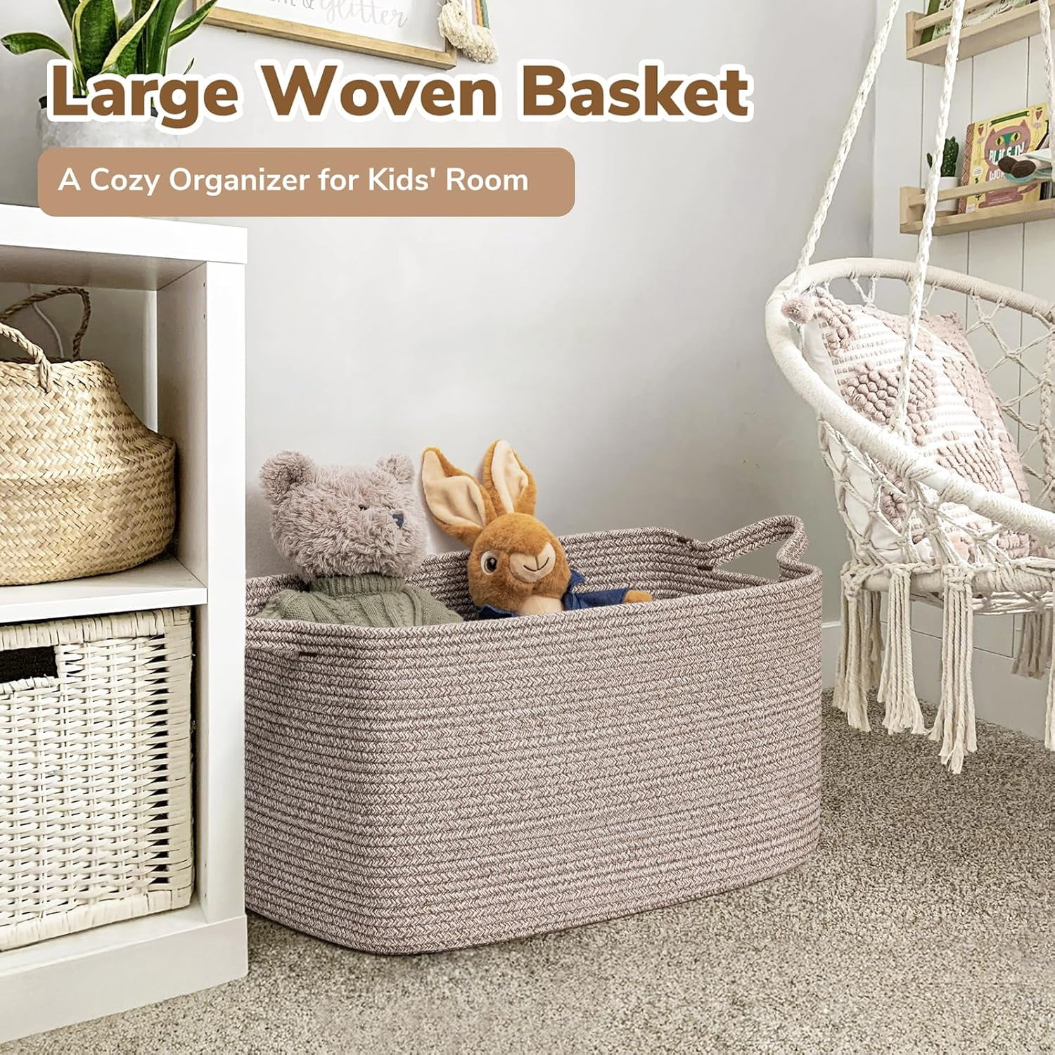 PrimeCook Shop Large Woven Storage Basket, 21.6" x 14.9" x 11.8" Blanket Basket for Living Room, Bedroom, Rectangle Rope Storage Organizer for Clothes, Toys, Brown
