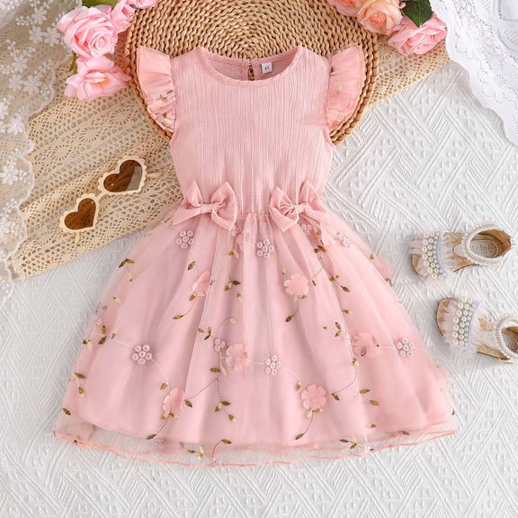 Letdown Tween Girls Sleeveless Dresses Floral embroidered Mesh Dress with Bow, Summer Casual Dress, Party Dress (Pink,2-3 Years)