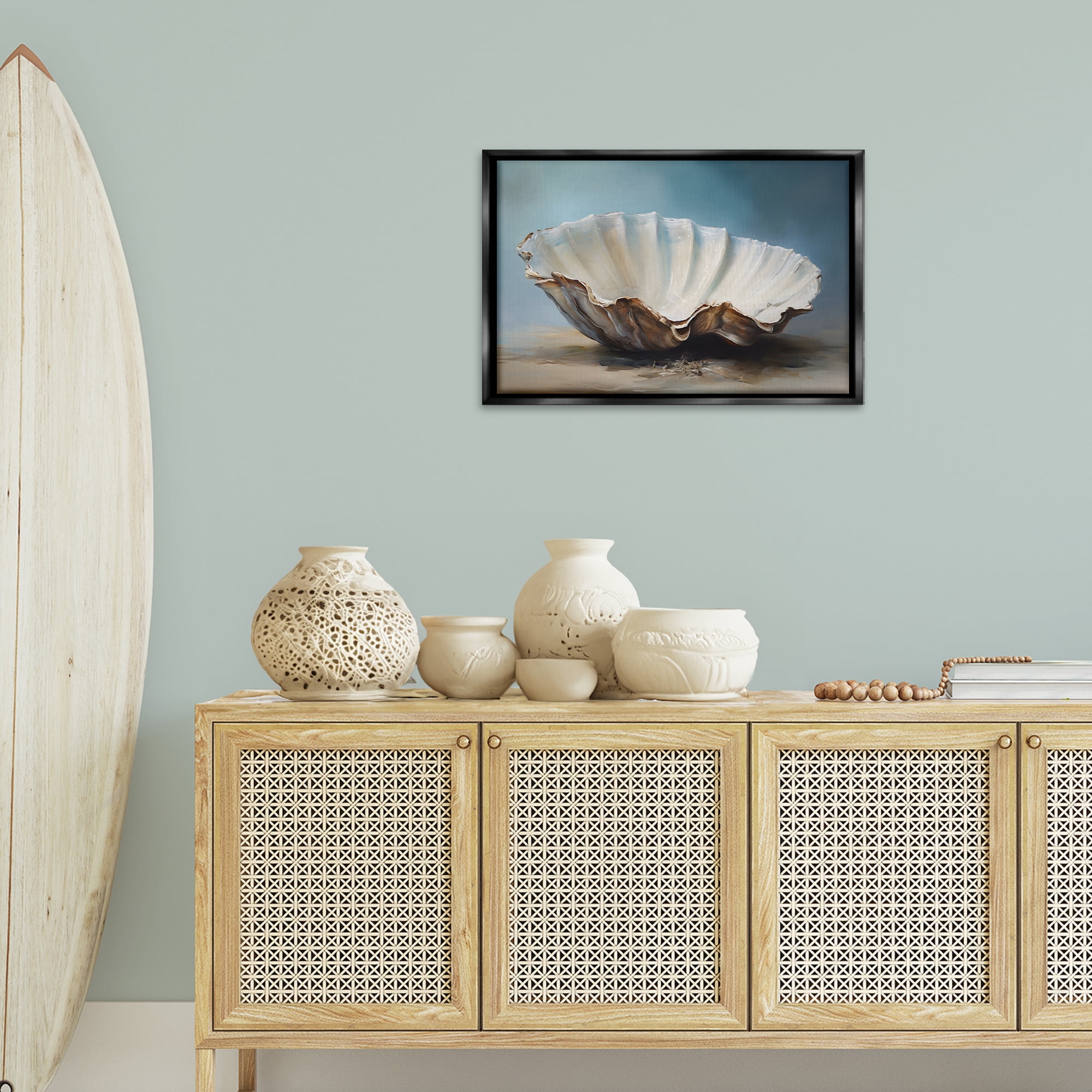 Stupell Industries Neutral Beach Seashell Nautical & Beach Painting Black Floater Framed Canvas Art Print Wall Art, 25 x 17