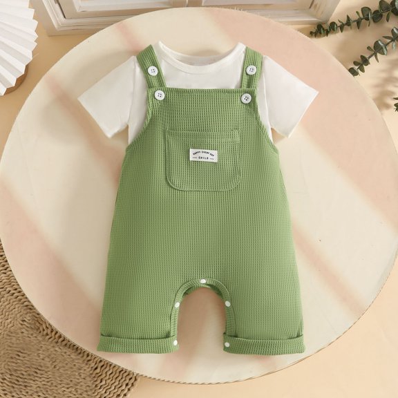 Toddler Boys Girls Short Sleeve Tee Shirt Suspenders Denim Shorts Outfit Summer Casual Playwear SetGreen18-24 Months