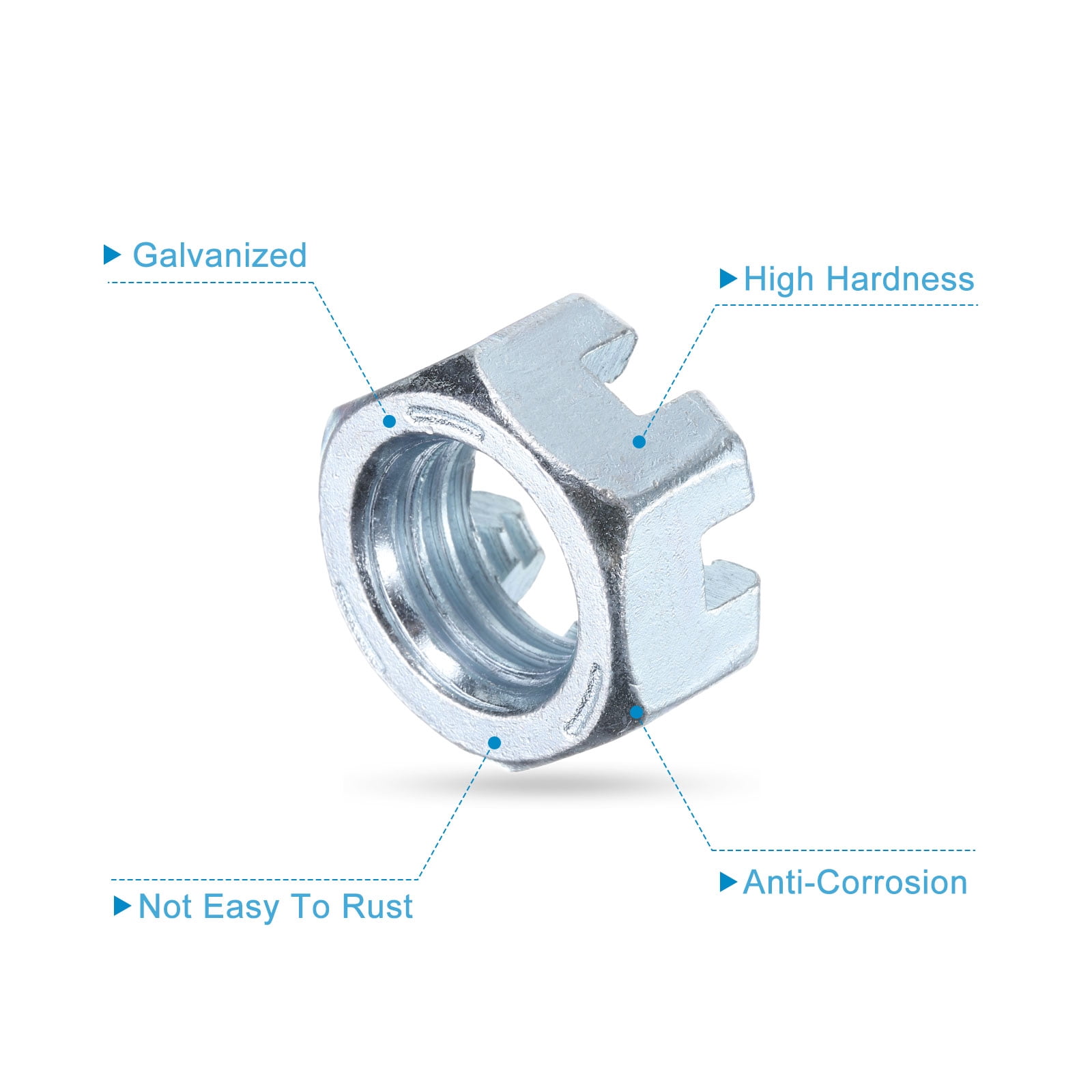 3/4"-10 Hexagon Slotted Nut, Grade 6.8 Carbon Steel Hex Nuts, Silver, 12Pack