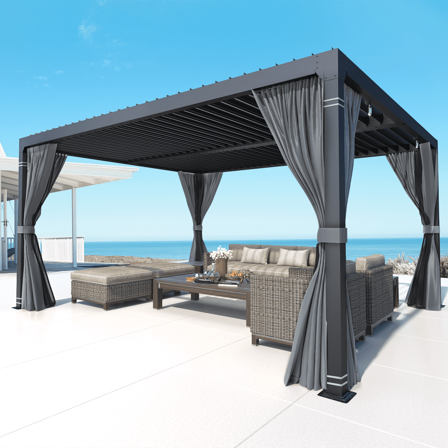 10'×12' Louvered Pergola, Aluminum Gazebo with Adjustable Roof