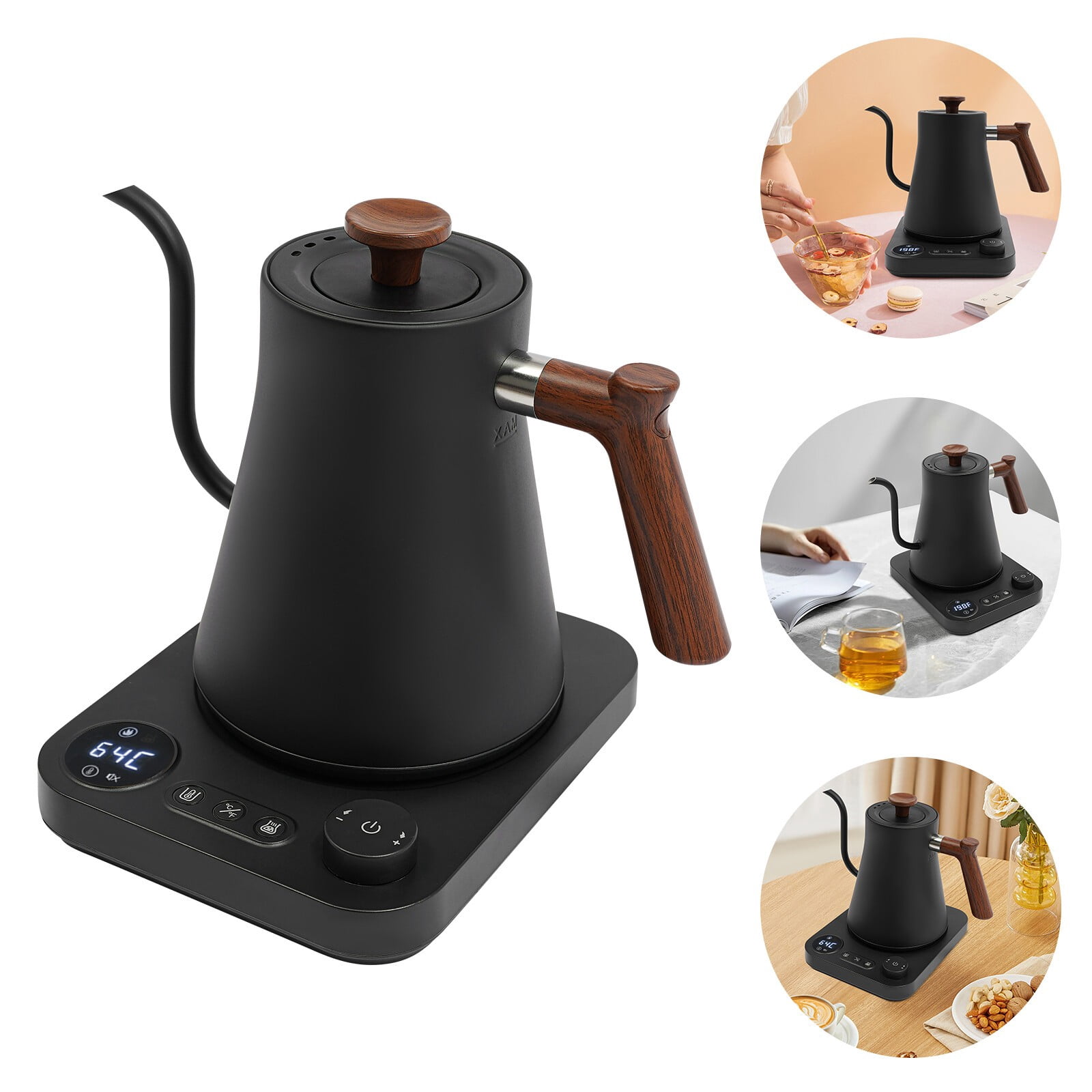 Gooseneck Electric Kettle, 1200W Fast Heat 0.9L Stainless Steel Kettle Adjustable Temp 104-212°F ±1°F, 24H Keep Warm, LED Display - For Pour Over Coffee & Tea (Black)