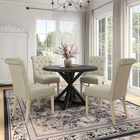 Roundhill Furniture Banff 5-Piece Dining Set Cross-Buck Round Table with 4 Tufted Chairs Tan