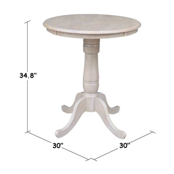 Solid Wood Round Pedestal Dining Table in Washed Gray Taupe
