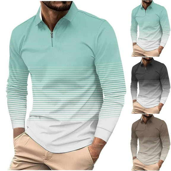 Eltusu Men's Polo Shirts with Collar, Relaxed Fit Casual Zipper Pullover Long Sleeve Shirts Light Blue Size S-5XL
