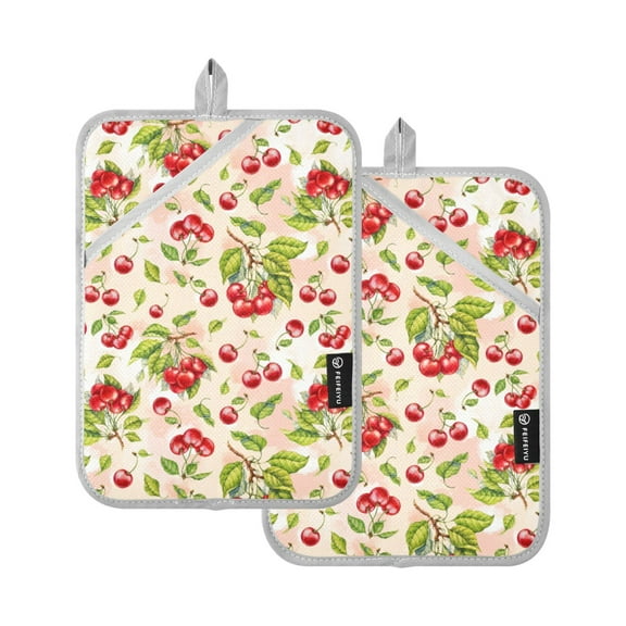 Cherry with Green Leaves Pot Holders Set of 2 Heat Resistant Kitchen Oven Gloves Potholder Cooking Baking Microwave Mitts