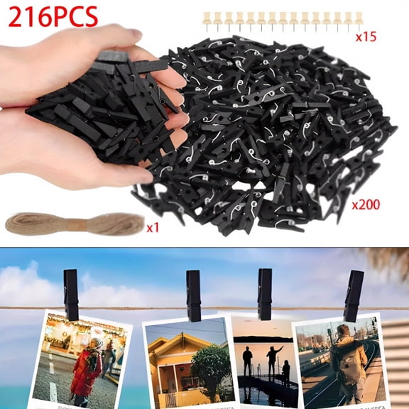 200-Pack Small Wooden Clips with Jute String, All-in-One Photo Wall & Craft Clothespins Set