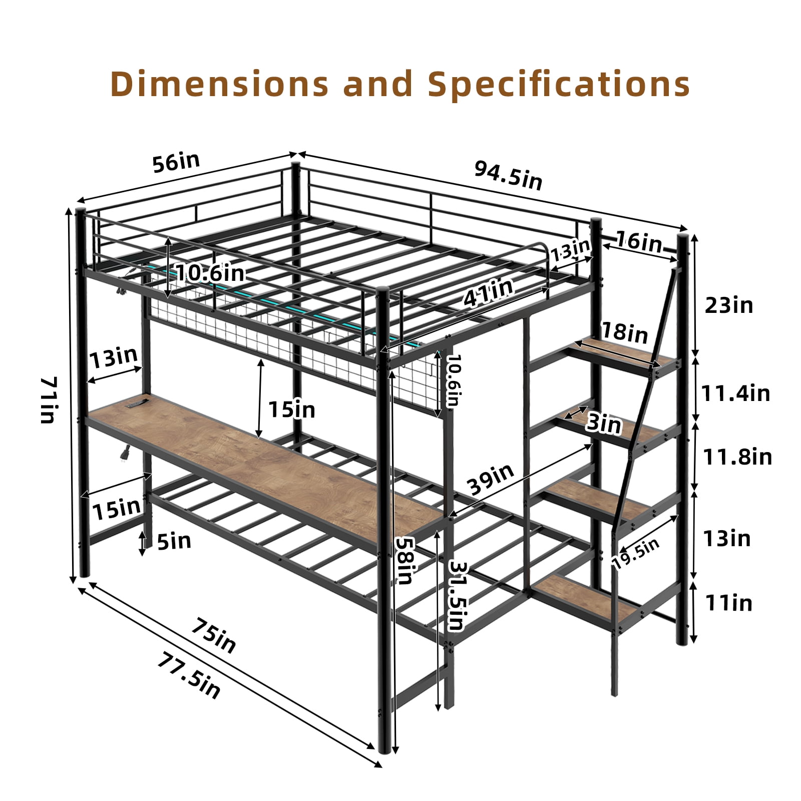 Leumius Twin over Full Size Metal Bunk Bed with Built-In Desk & LED Lighting,Heavy Duty Metal Bunk Beds Frame with Ladder for Bedrooms,Dorms,Black
