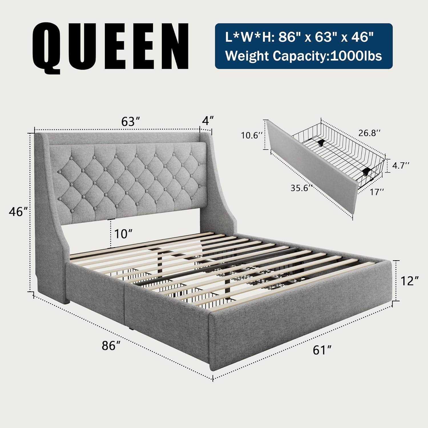 Galnfu Queen Bed Frame with 4 Storage Drawers, Giant Upholstered Wingback Headboard, Fast Charging Station, No Box Spring Needed, Noise-Free,Light Gray
