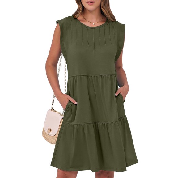 Blczomt Plus Size Dresses for Women Under $10 A-Line Casual Summer Dress Green Crewneck Tiered Mini Beach Womens Fashion